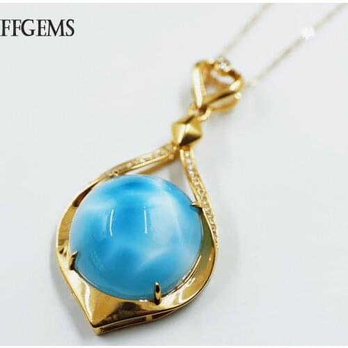 FFGems Real 10K Gold Natural Larimar Pendant Diamond Necklace Dominican Gemstone Fine Jewelry For Women Wedding Party Gift