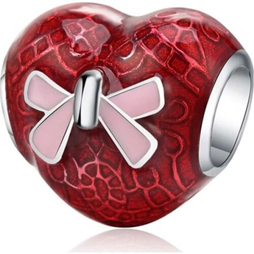 Hot Sale Silver Color Charm Bead Love Pink Bow Red Glaze Heart Beads For Original Pandora Charm Bracelets & Bangles Jewelry