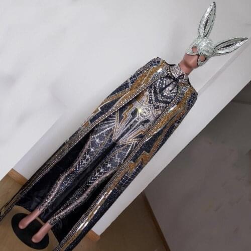Drag Queen Costumes Rhinestone Bodysuit Cape Mask Crystal Jumpsuit Red Carpet Runway Performance Party Celebrity Clothing