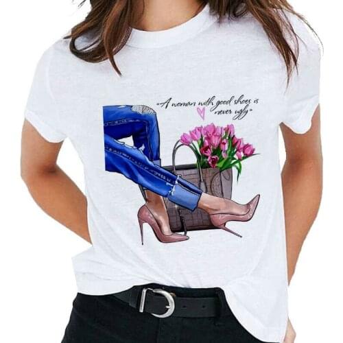 Fashion High Heels Printed T-shirt Harajuku Summer Top Female T Shirt 90s Summer Womens Clothes O-neck Casual Lady Tops Shirts