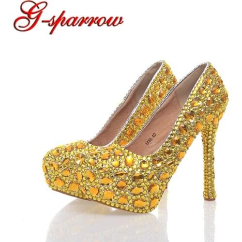 2018 Fashion Gold Rhinestone High Heels Party Prom Bridal Wedding Women Shoes with Platforms Plus Size 42 43 Bridesmaide Shoes
