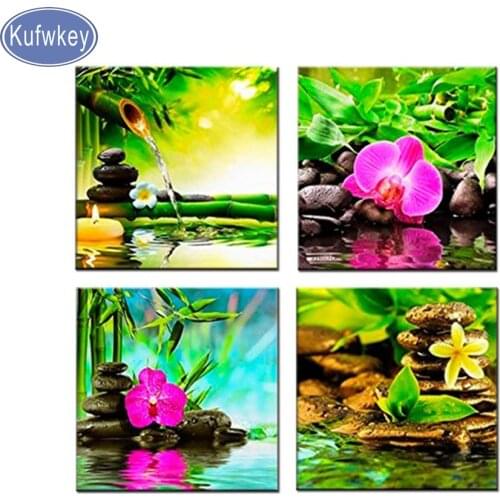 Full diamond painting cross stitch kit DIY Diamond Embroidery mosaic 4 Piece set Bamboo Black Spa Zen Stone modern decoration