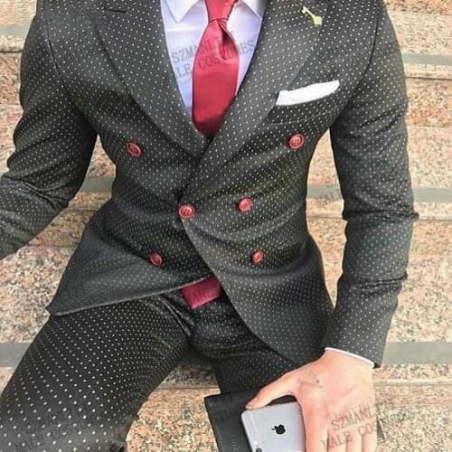 2021 New Fashion Black White Dots Suit For Men 2 Pieces Set Double Breasted Suit Costume Homme Tuxedo Slim Fit Wedding Suit