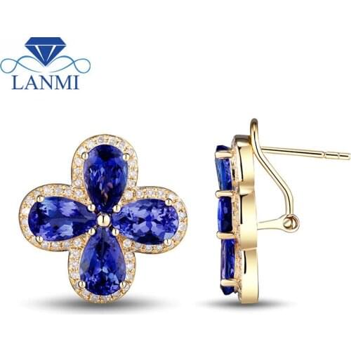 New Clover Tanzanite Earrings Pear 7x9mm Natural Tanzanite Diamond Young Girl Earrings 14k Yellow Gold Diamond Gemstone Jewelry