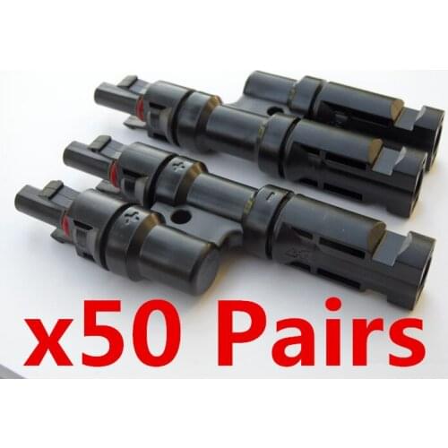 Wholesale 50 pairs MC4 T branch solar connector. 1Male+2Female&1Female+2Male. TUV approved MC4T branch connector