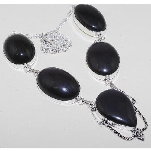 Black Onyx Necklace Silver Overlay over Copper , 49 cm, N0718