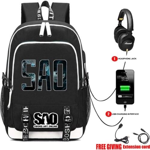 SAO Kirito Sword Art Online Book bag Rucksack Student School Bag For Boys Girls Travel Backpack USB Port Mochila Black Backpack