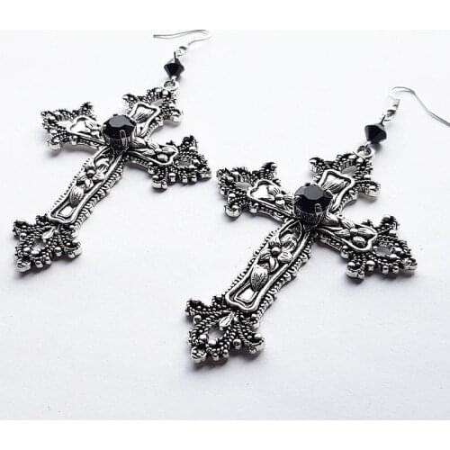 Gothic Large Detailed Cross Black Drill Jewel Earrings Punk Pendant Charm Creativity Jewellery Fashion Statement Women Gift New