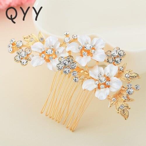 QYY Wedding Hair Accessories Flower Bridal Hair Comb Peach Blossom Crystal Bridal Hair Pins Jewelry