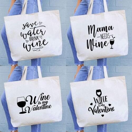 Wine Graphic Print Women Canvas Bag Funny Shopper Bag Women Print Lady Reusable Shoulder Handbag Female Shopping Bag 2021