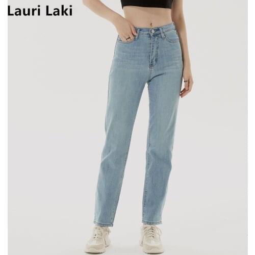 Lauri Laki Vintage Straight Cut Jeans Women Cotton Stretch Blue Washes High Waist Wide Leg Denim Pants Femme 2021 Chic
