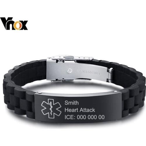 Vnox Free Engraving Silicone Adjustable Medical Bracelets Sport Emergency ID Bracelets for Men Women Unisex pulsera