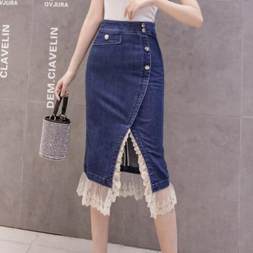 New Arrivals Denim Skirt Woman 2021 High Waist Office Lady Single Breasted Lace Patchwork Hip Pencil Skirt For Women