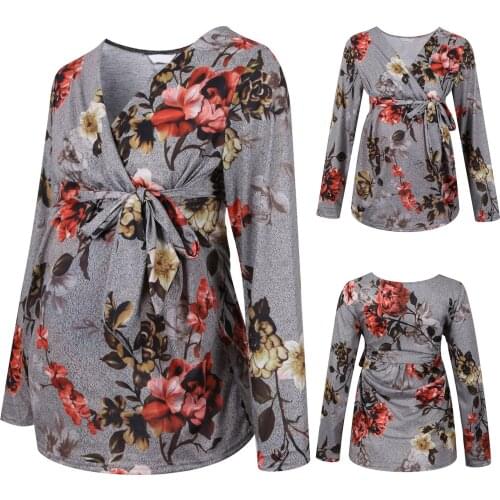 Women Pregnants T-Shirt Ladies Maternity Pregnancy T-Shirt Ruched Floral Flower Tops Tee Lace Up Pregnant Tops Maternity Clothes