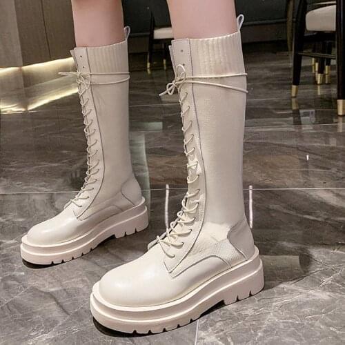 Women Mid Calf Boots Thick Platform Lace Up Sock Shoes Female Stretch Knitted Boot Fashion Ladies Shoe Autumn Winter Size 35-40