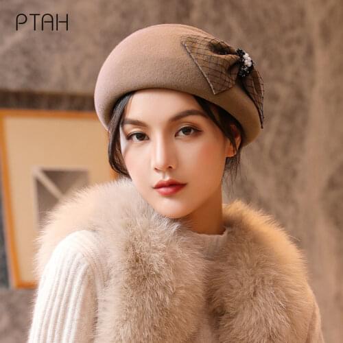 [PTAH] Elegant Women Berets Styling Caps 2021 Autumn Winter New Beanie Hats Vintage Plain Beret Hats Lace Bow Lady Cap 100% Wool