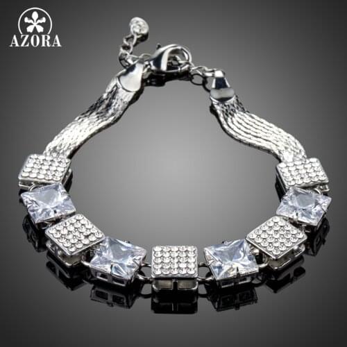 AZORA Pave Clear Austrian Rhinestone Chain Link Bracelets for Women Geometric Cubic Zirconia Wedding Bracelet & Bangles TS0169