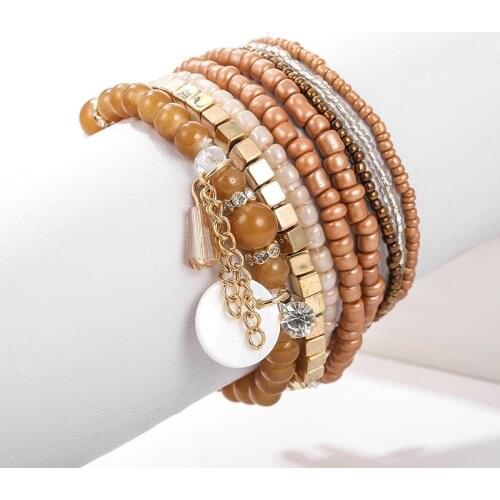 Multilayer Natural Stone Link Chain Tassel Bracelet Set For Women Boho Seed Beads Strand Stretch Charm Bracelets &Bangle Jewelry