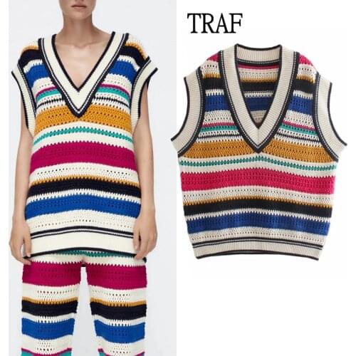 TRAF Za Women Sweater Vests 2021 V Neck Colorblock Loose Knitted Casual Loose Sweater Vintage Autumn Sleeveless Sweater Vests