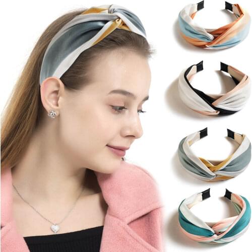 2021 Summer Solid Color Fabric Top Kink Rainbow Headband Women Wide-Brimmed Stripe Hairbands Bezel Girls Hair Accessories