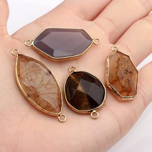 19*46mm 1pcs Natural Stone Floating Charms Pendant Yellow Oval Shape Double Hole Connector For DIY Jewelry Finding Accessories