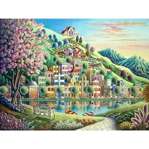 Blossom Park Large Format Lakeside Scenery Cross Stitch Kits Top Quality Embroidery Needlework DIY 14CT Unprinted Decor Handmade