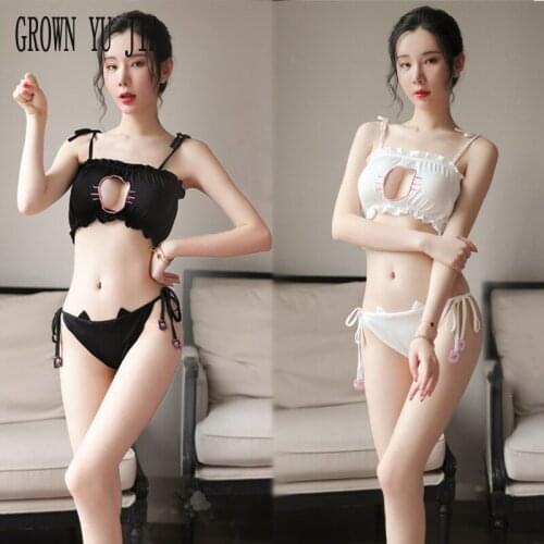 Erotic Cosplay Cat Hollow Keyhole Bra Push Up Sling Lingerie Passion Hollow Out Bandage Sexy Cute Kitty Uniform Porno Underwear