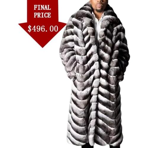 Fur Coat Men Winter Long Fur Jacket Men Warm Outwear 100% Rex Rabbit Fur Overcoat Fashion Turn Down Collar Outfits