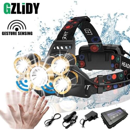 Powerful LED Headlamp Rechargeable Headlight Waterproof High Power Fishing Light Sensor Switch Zoom 18650 Lantern Camping Lamp