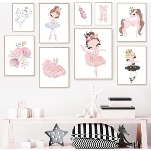 Pink Ballerina Girl Swan Unicorn Skirt Wall Art Canvas Painting Nordic Posters And Prints Wall Pictures Child Kids Room Decor