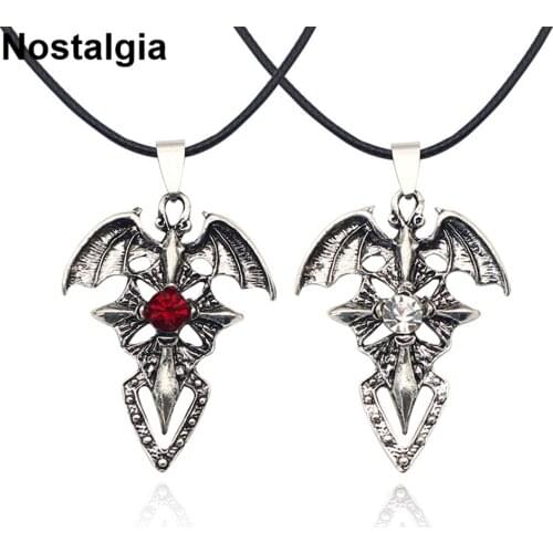 Nostalgia Angel Wings Cross Necklace Rope Chain With Clear Red Crystal Paved Rhinestone Pendant Gothic Jewelry