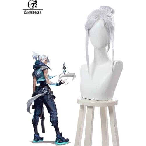 ROLECOS Valorant Jett Cosplay Wigs Short Hair Game Valorant Jett Cosplay Short Silver Hair 40CM Wig Headwear Viper