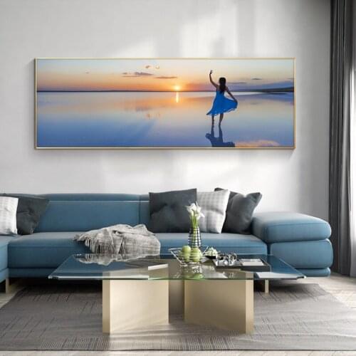 Natural Blue Beach Sunset Women Seascape Posters and Prints Canvas Painting Scandinavian Wall Art Picture for Living Room