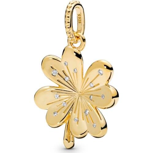 Real 925 Sterling Silver Bead Shine Lucky Four-Leaf Clover Pendant Charm Fit Fashion Women Pandora Necklace Gift DIY Jewelry