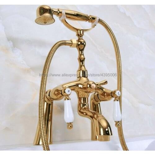 Polished Golden Deck Mounted Double Handle Bathtub Faucets with Hand Shower Telephone Style Bath Shower Faucet Bna133