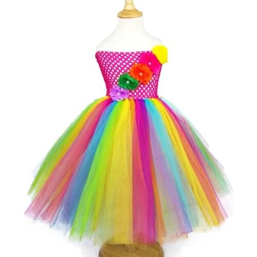 Girls Rainbow Tutu Dress Kids Crochet Tulle Dress Long Ball Gown with Shabby Flowers Children Birthday Party Costume Dresses