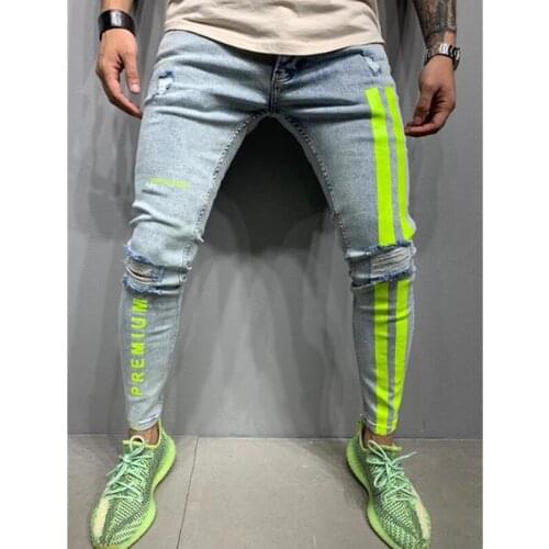 2020 Hot Ripped Pencil Pants Men Skinny Denim Biker Side Striped Jeans Destroyed Hole Hip Hop Slim Fit Printed Letter jeans