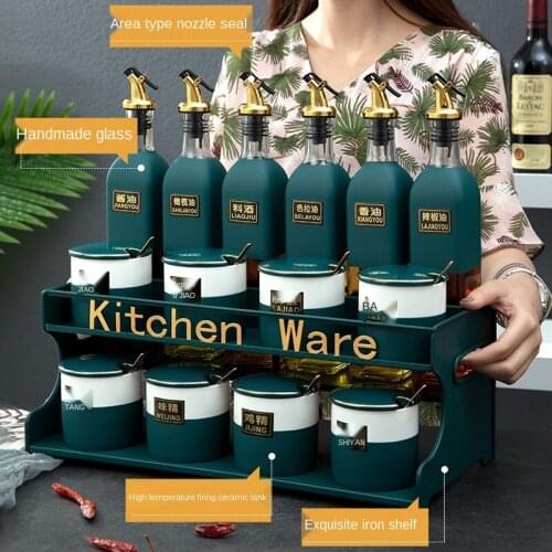 Nordic Household Ceramic Glass Salt Sugar Jar Kitchen Glass Seasoning Box Condiment Bottle Set Soy Sauce Vinegar Oil Bottle Set