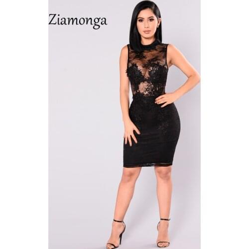 Ziamonga Spring Summer Lace Dress Women Sexy Sleeveless Slim Black Red Party Dress Robe Femme Ete 2019 See Through Bandage Dress