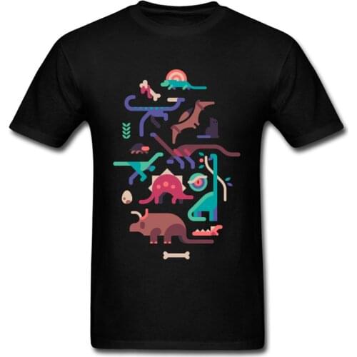 2018 Dinosaurs And A Cat Simple Cartoon Design Man Top Tee Shirt Black T-shirt Short Sleeve Plus Size Cute Dino