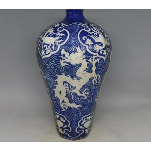Antique YuanDynasty porcelain vase,Blue carved dragon bottle,Hand-painted crafts,Decoration,Collection&Adornment,Free shipping