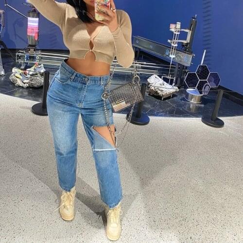 Thighs With Reversed L Shape Hole Detail And Ankle Heavy-Weight Washed Twill High-Waist Denim Trousers