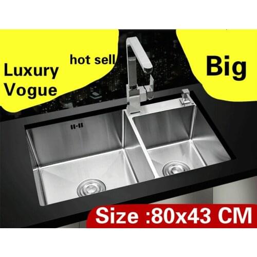 Free shipping Apartment wash vegetables kitchen manual sink double groove luxury 304 stainless steel hot sell big 80x43 CM
