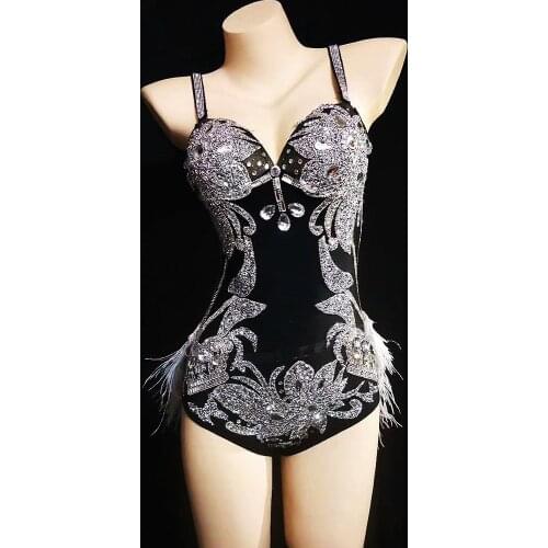 Shining Rhinestones Backless Women Bodysuits Floral Print Stretch Tight Jumpsuit With White Feather Tailing Nightclub Costume