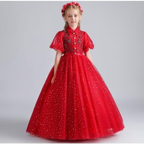 Flower Girl Dresses Illusion Beading Crystal Red Sequined Princess Floor-Length Ball Gown Luxury Short Lace Kid Party Skirt H069