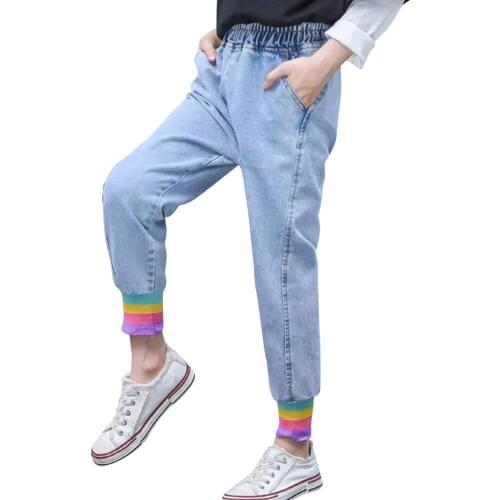 Girls Jeans Letter Jeans Girls Patchwork Kids Jeans Rainbow Stirped Childrens Jeans Clothes 6 8 10 12 14