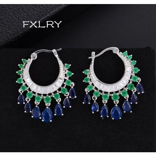 FXLRY Elegant Water Drop Design Green Blue Full Mirco Cubic Zirconia Tassel Earring For women Fashion Jewelry