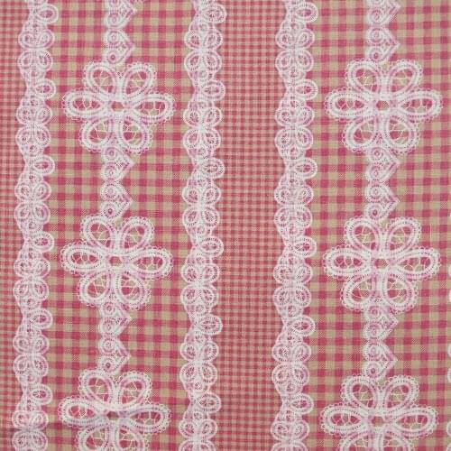 55cmx50cm Cotton Linen Fabric for sewing pathwork, bedding - Checker And Lace (pink)