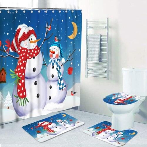 Christmas Snowman Bathroom Accessories Sets Bath Rug U-Shaped Area Mat Toilet Seat Cover Waterproof Polyester Shower Curtain