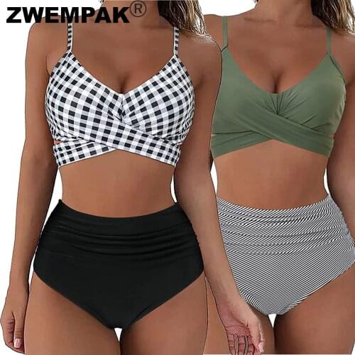 2021 Retro High Waist Bikini Set Plaid/Striped Printed Swimwear Bandage Cross Two Pieces Swimsuit Big XL Beachwear Femme Biquini